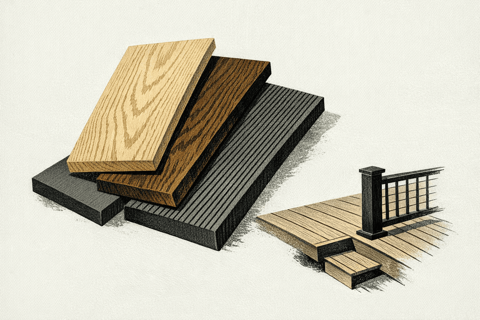 Minimal editorial illustration of grouped deck-board samples beside a deck corner with railing and stair details.