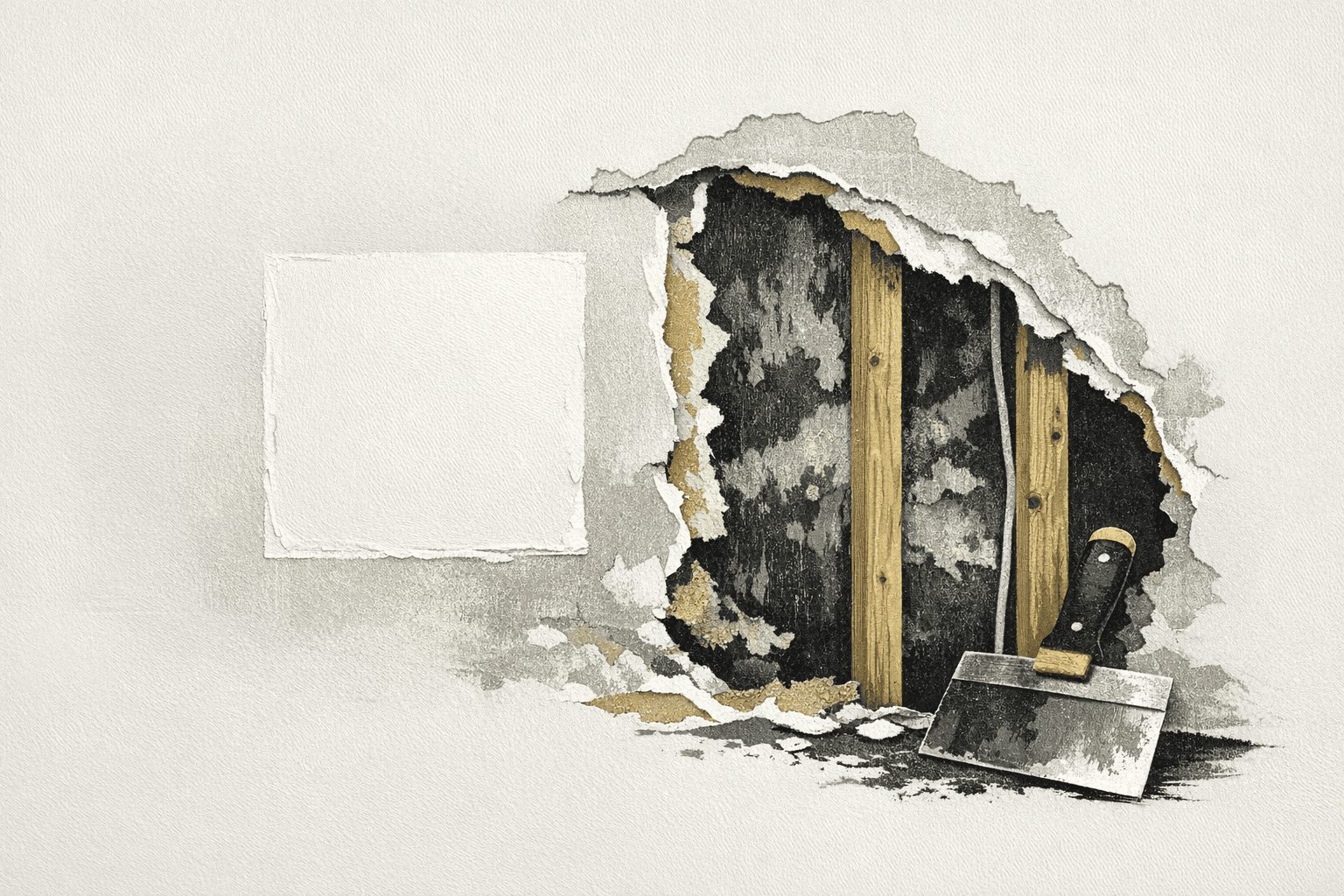 Minimal editorial illustration of a wall opening that contrasts a small drywall patch with a moisture-damaged replacement section.