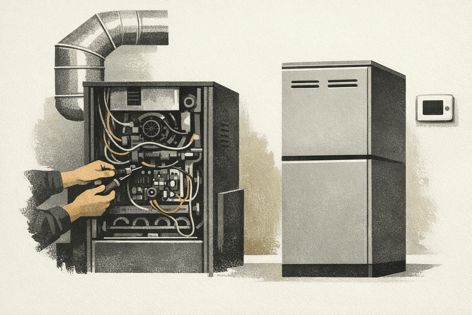 Minimal editorial illustration of a furnace service scene with a replacement unit silhouette and duct connection cues.