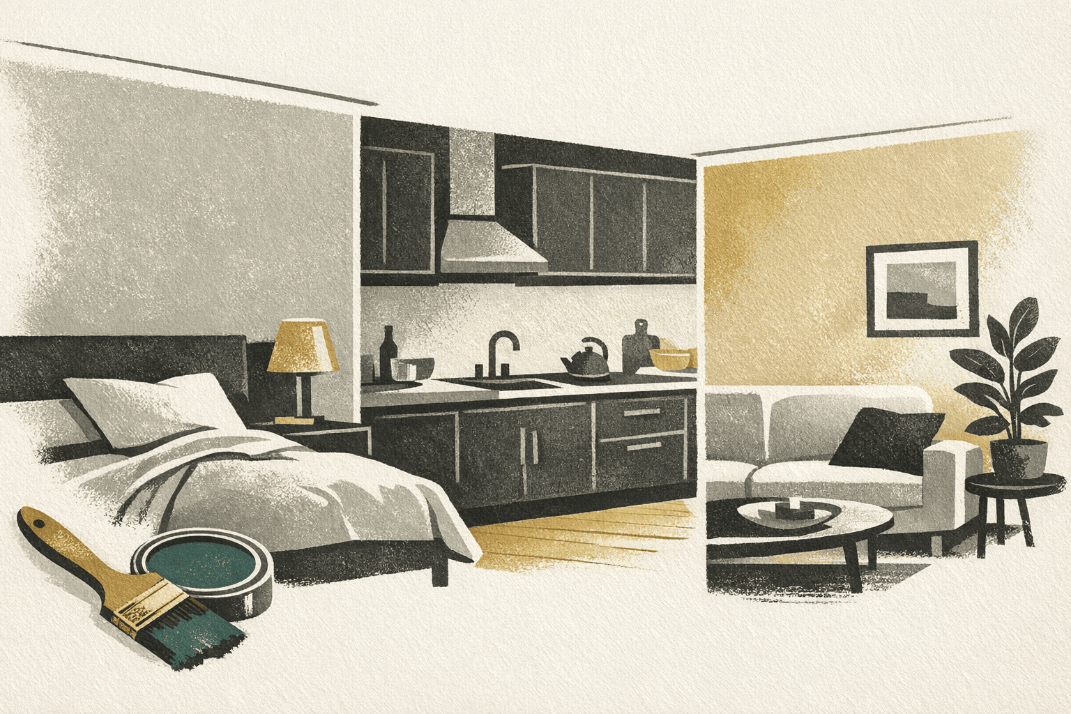 Minimal editorial illustration of connected bedroom, kitchen, and living-room wall surfaces with trim and ceiling cues.