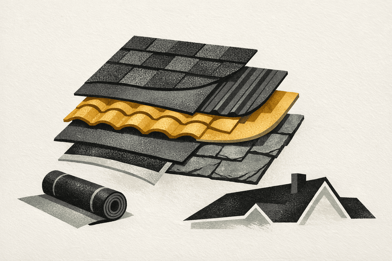 Minimal editorial illustration of roof material samples layered with underlayment and a pitched roofline silhouette.