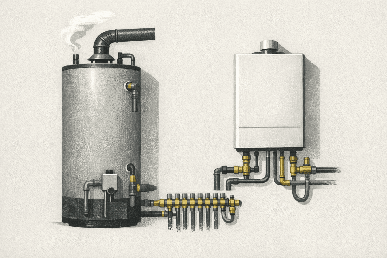 Minimal editorial illustration of a standard tank water heater beside a wall-mounted tankless unit with venting and plumbing cues.