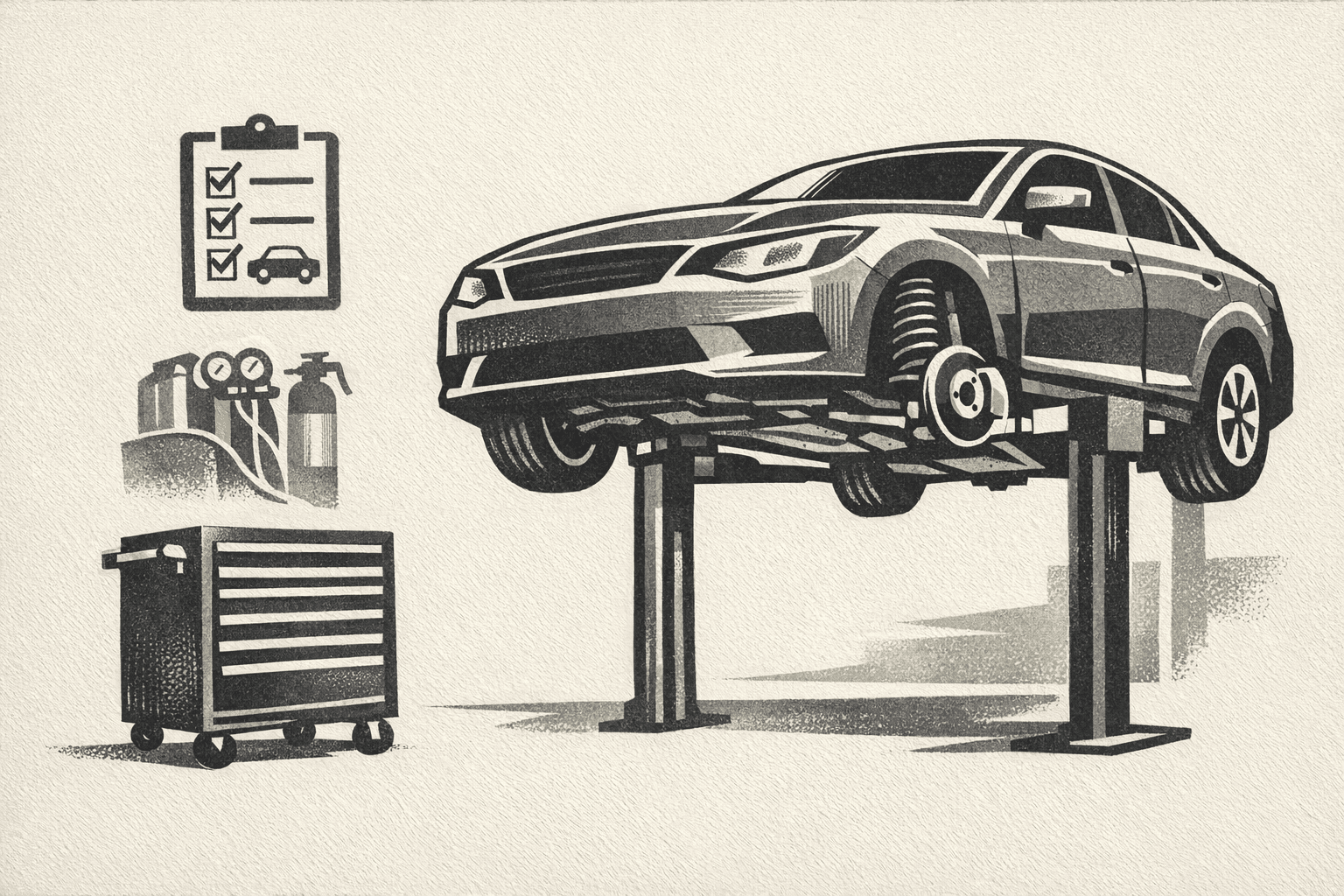 Minimal pixel-style illustration of a painted car with cost estimate tags and maintenance markers.