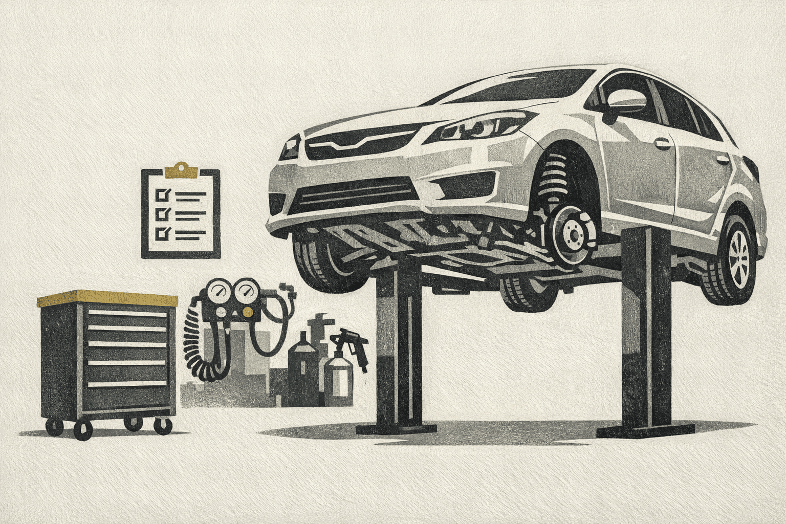 Minimal pixel-style illustration of a painted car with cost estimate tags and maintenance markers.