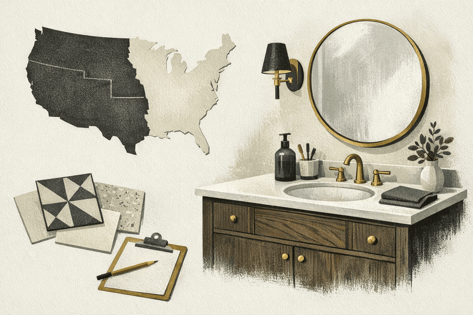 Minimal pixel-style illustration of a bathroom vanity scene with a U.S. map motif and remodel budget markers.