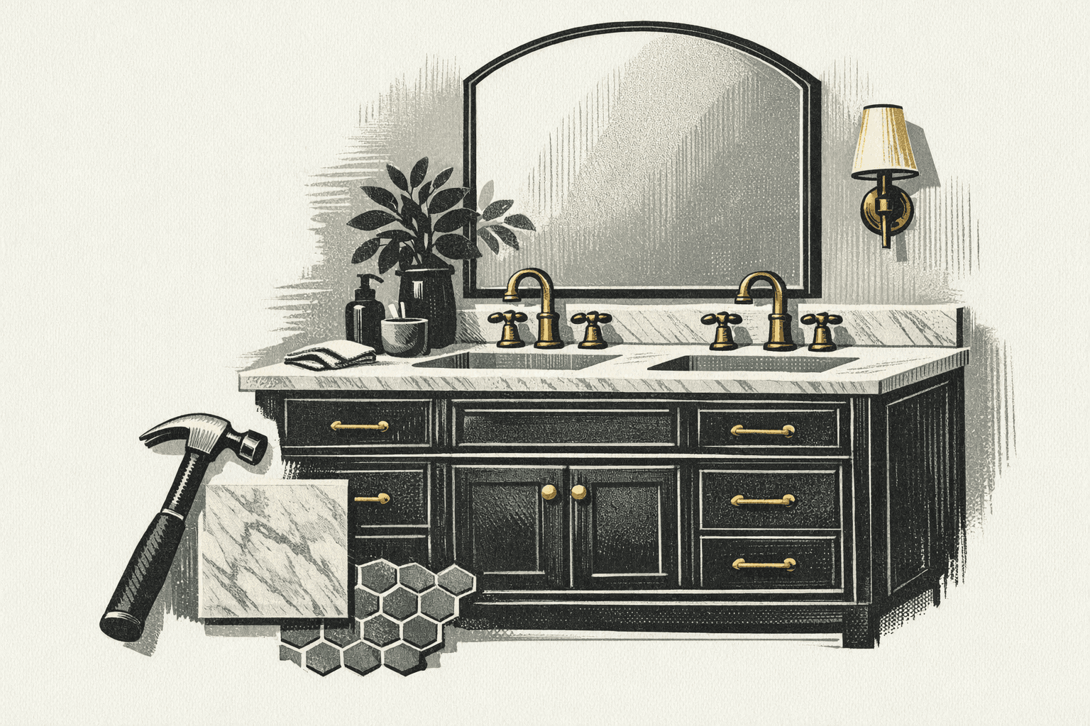 Minimal pixel-style illustration of a bathroom fixture layout and remodel budget markers.