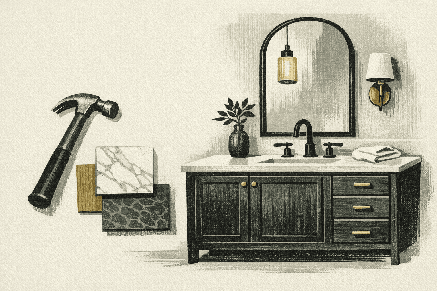 Minimal pixel-style illustration of a bathroom fixture layout and remodel budget markers.