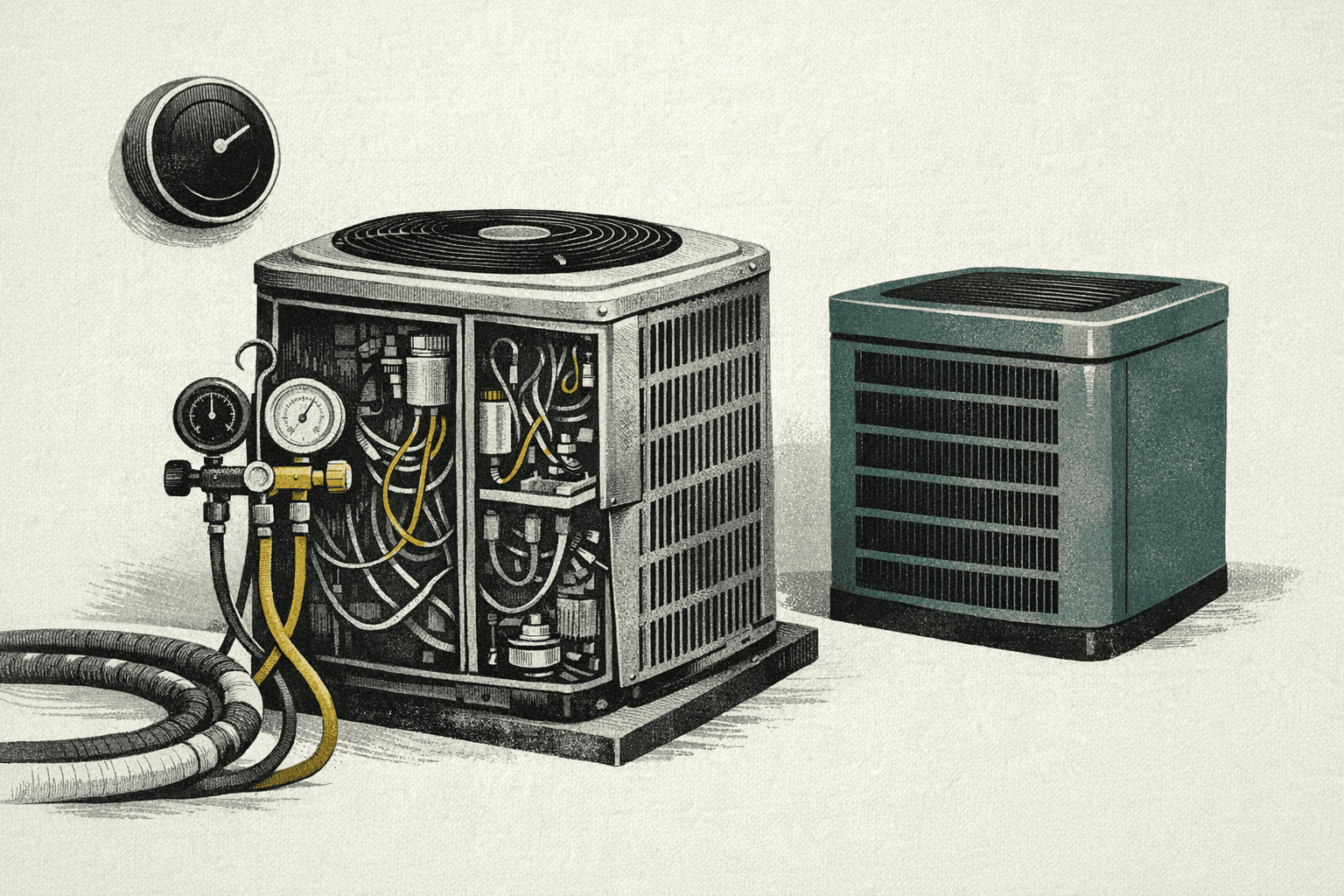Minimal pixel-style illustration of an air-conditioner service scene beside a replacement condenser with repair-versus-replace cost markers.