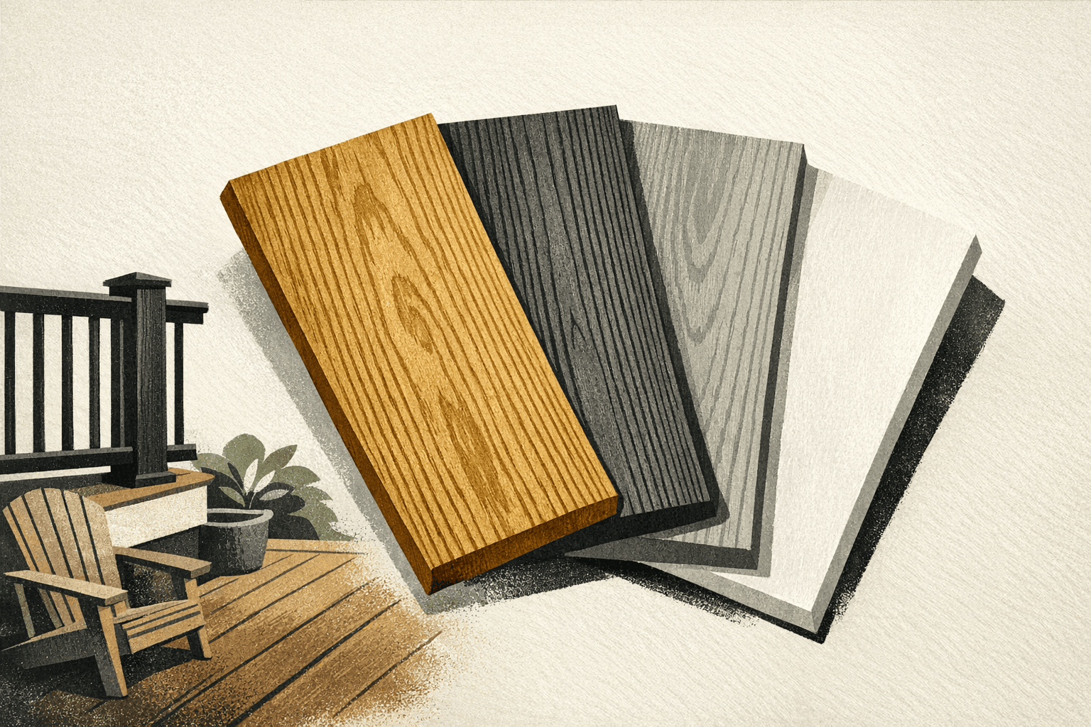 Minimal pixel-style illustration of deck board samples for wood, composite, and PVC with comparison cost markers.