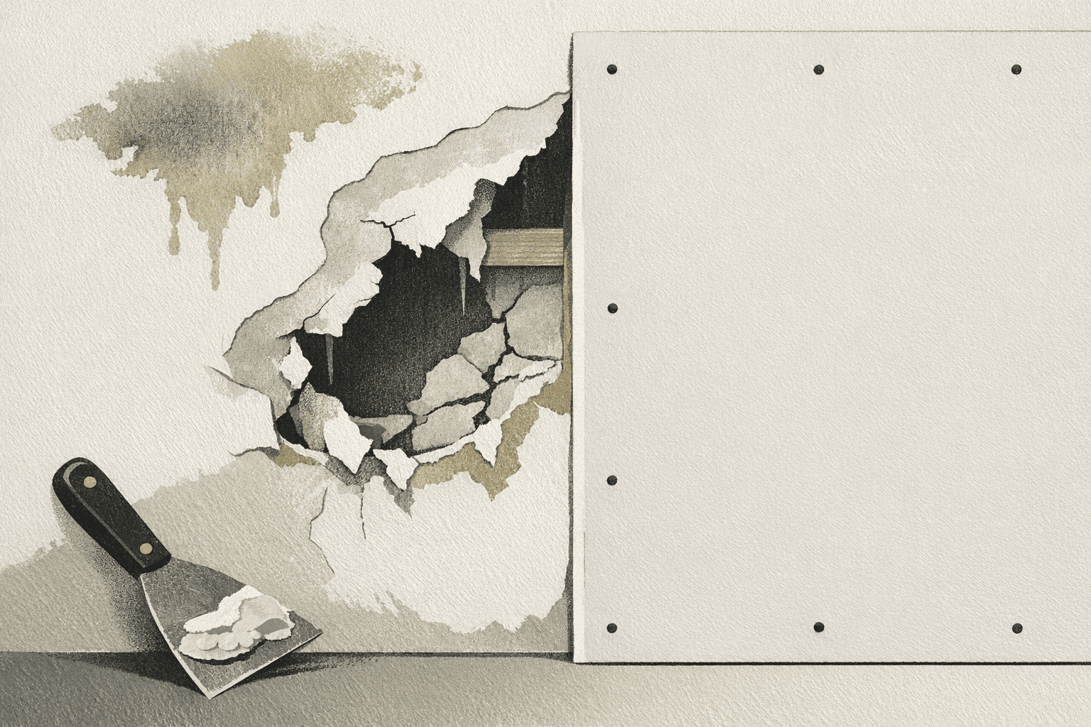 Minimal pixel-style illustration of a damaged drywall wall beside replacement boards and patching tools with cost markers.