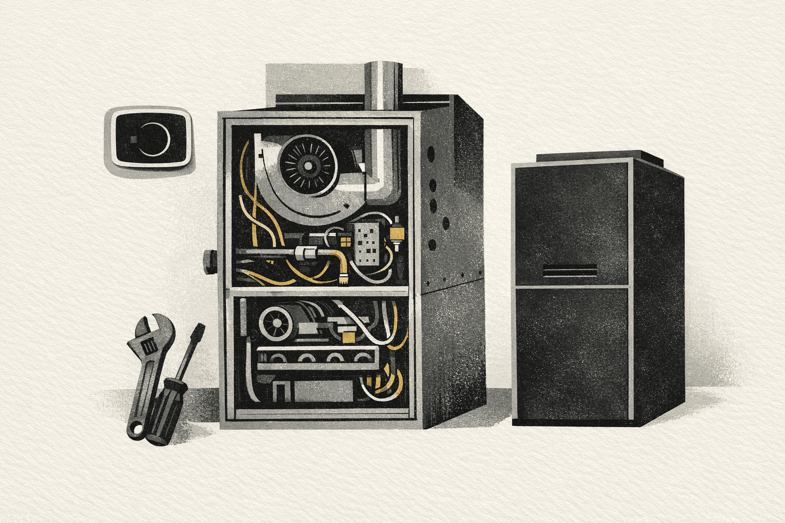 Minimal pixel-style illustration of a furnace service checklist, replacement unit, and repair-versus-replace cost markers.
