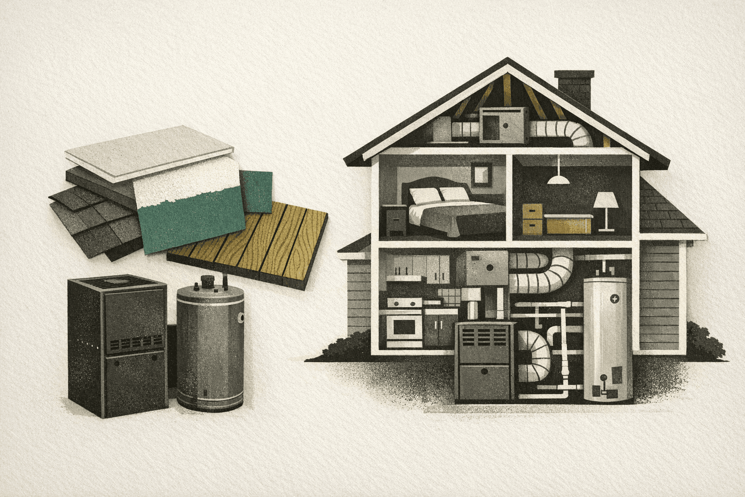Minimal pixel-style illustration of a house cutaway with home-improvement material samples and HVAC equipment used to represent supporting cost guides.
