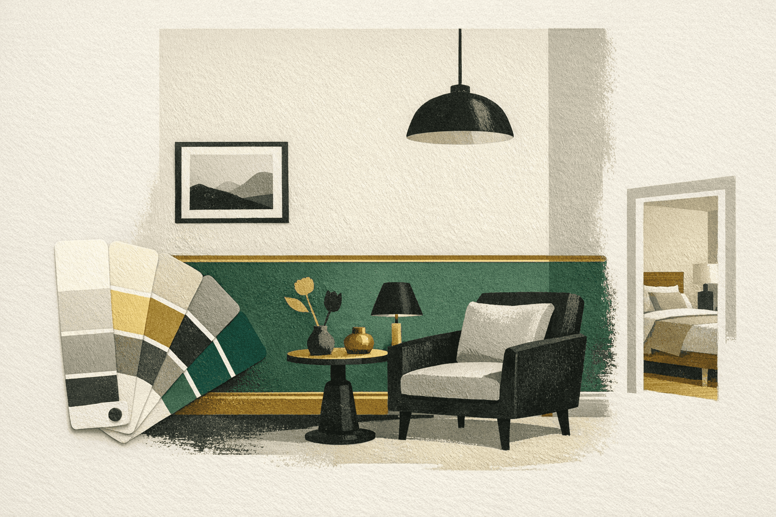 Minimal pixel-style illustration of painted rooms, sample swatches, and room-level cost cards on a planning board.