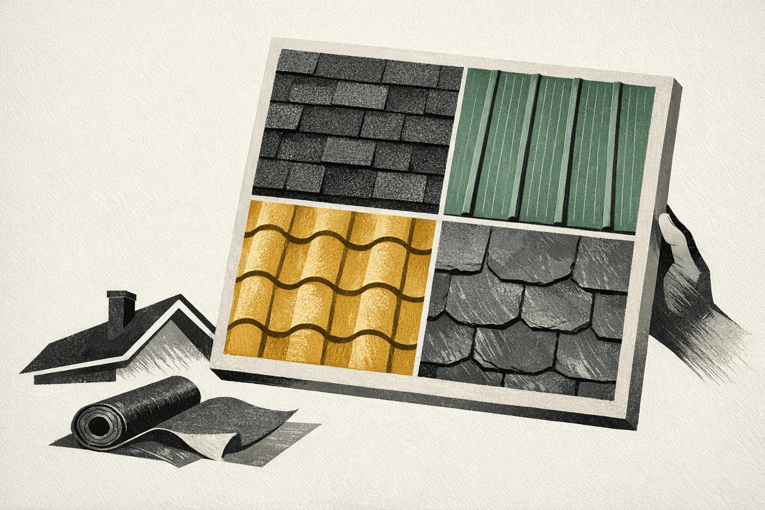 Minimal pixel-style illustration of asphalt, metal, tile, and slate roofing samples with replacement cost markers.
