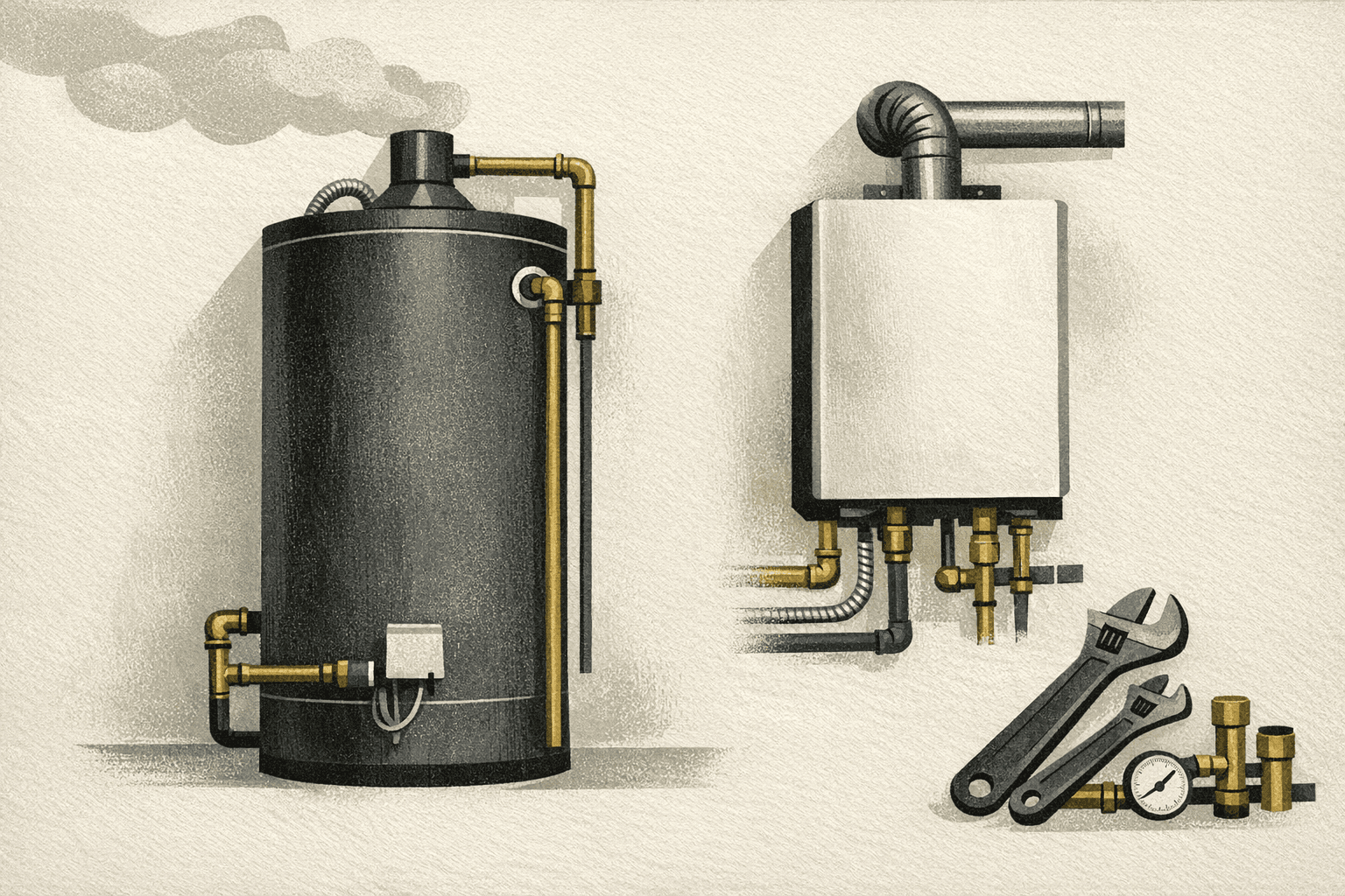 Minimal pixel-style illustration of a tank water heater and tankless unit with utility-room cost comparison markers.