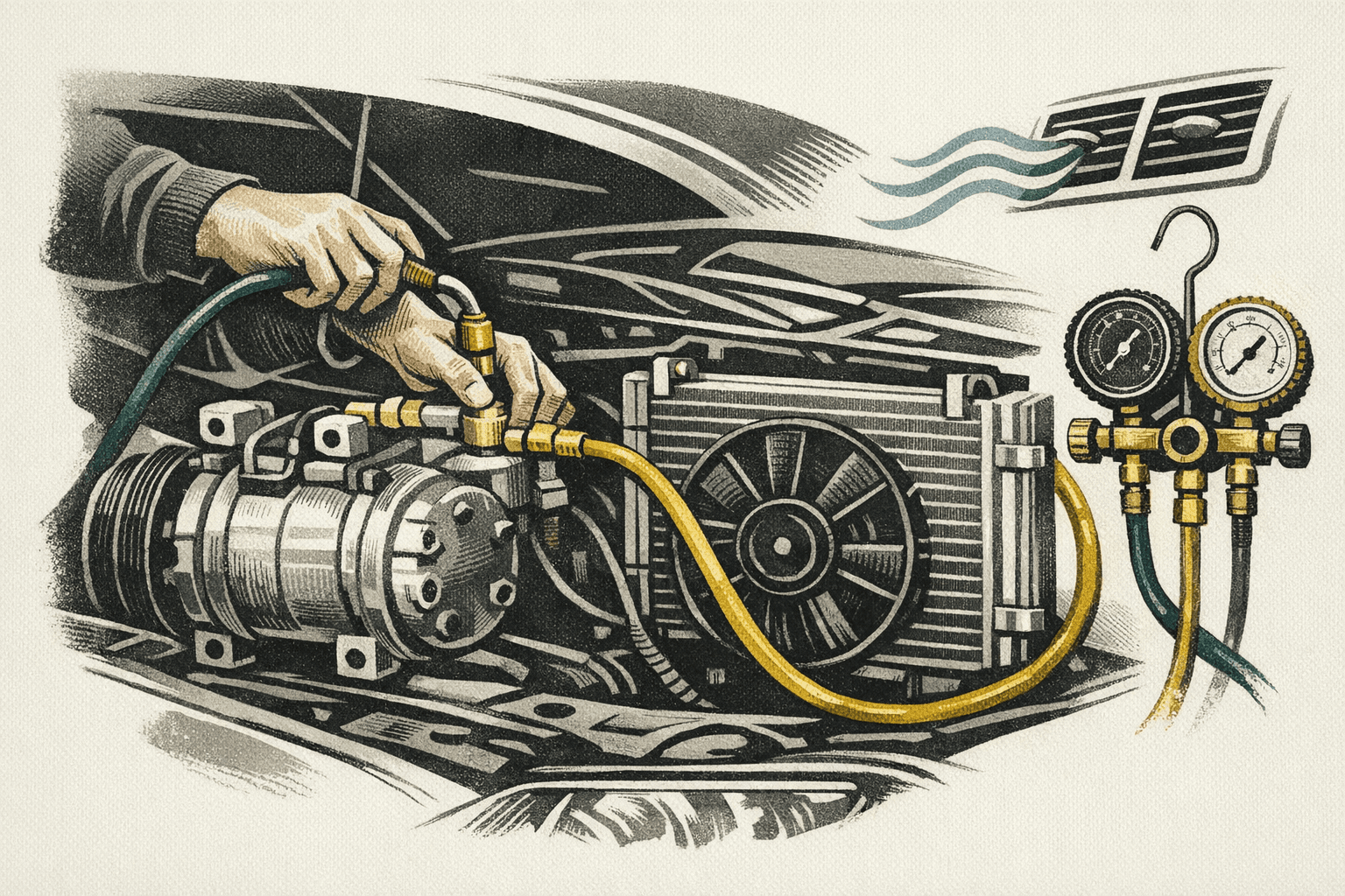 Minimal pixel-style illustration of a car AC system with compressor, condenser, and repair cost estimate tags.
