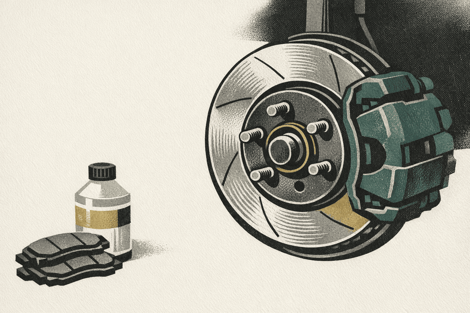 Minimal pixel-style illustration of a car brake assembly with pad, rotor, and service cost markers.