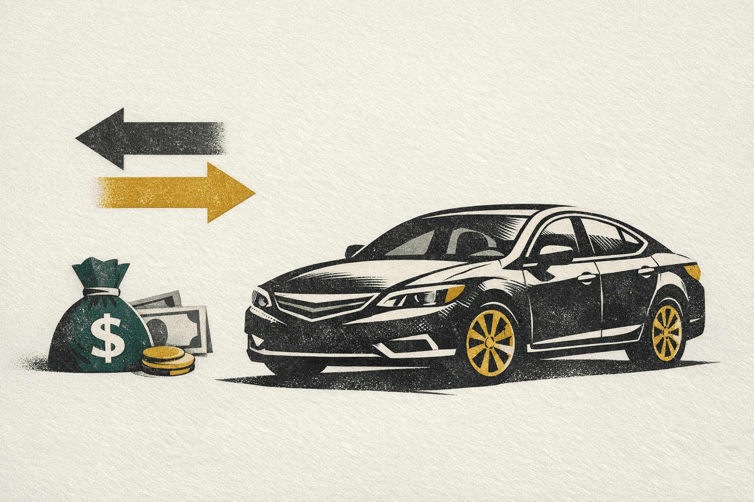 Minimal pixel-style illustration of a car loan refinance flow with payment comparison bars.