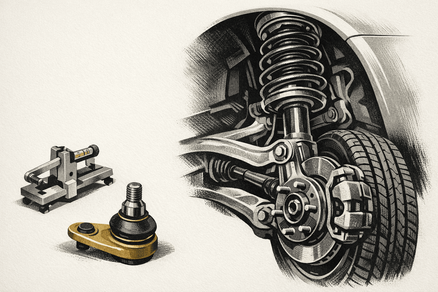 Minimal pixel-style illustration of a car suspension assembly with control arm, strut, and repair cost tags.