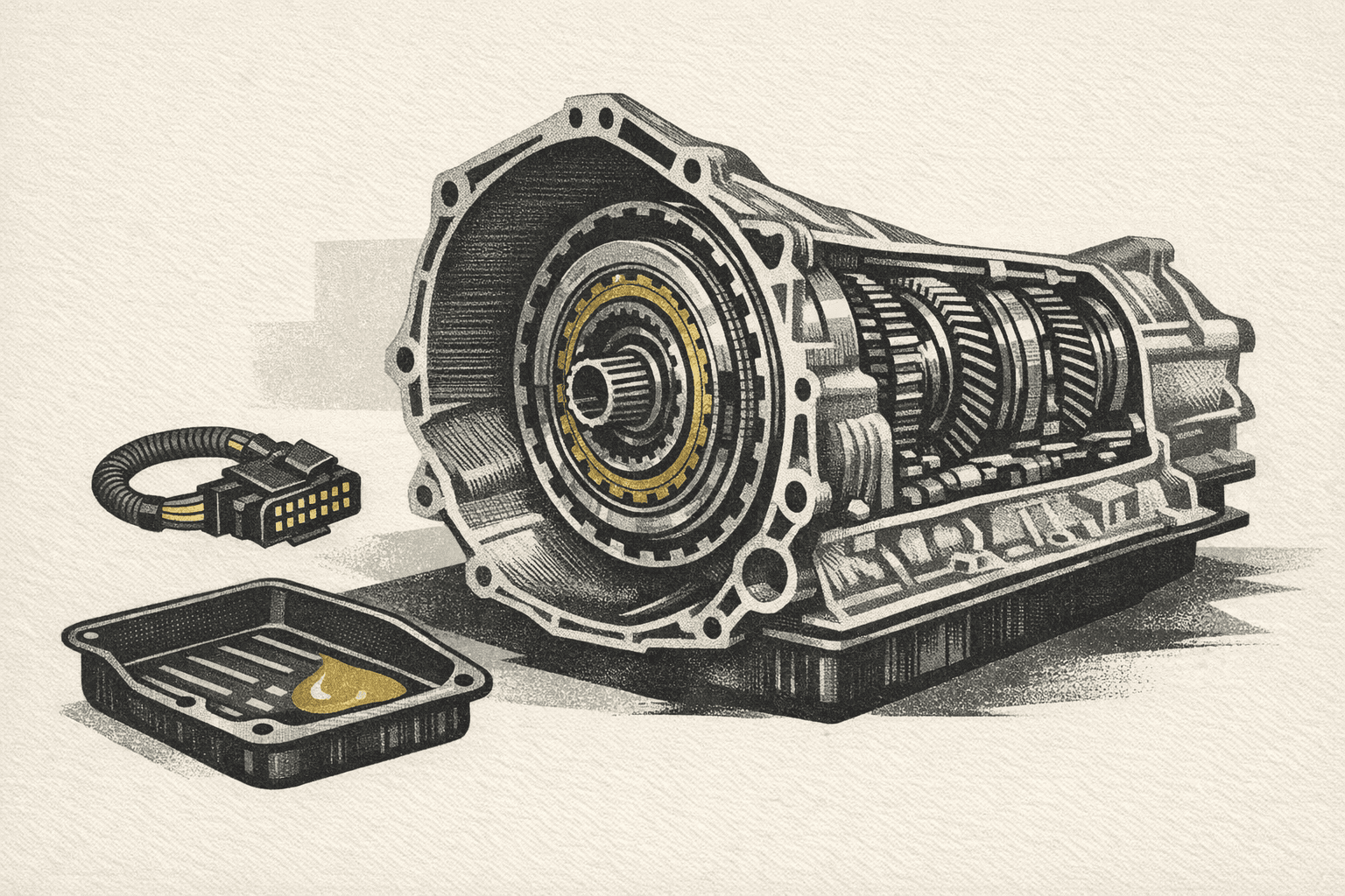 Minimal pixel-style illustration of a car transmission assembly with repair and replacement cost markers.