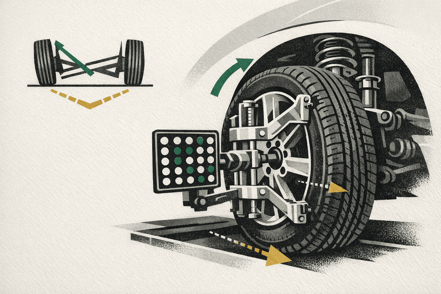 Minimal pixel-style illustration of a car wheel alignment rack with camber and toe angle indicators and service cost markers.