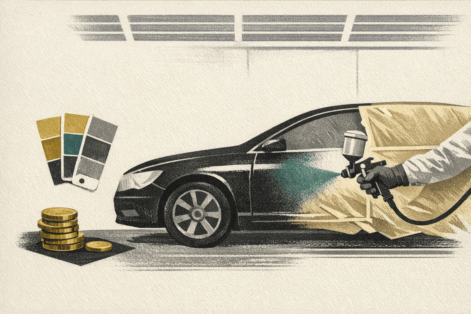 Minimal pixel-style illustration of a vehicle with vinyl wrap material and cost estimate tags.