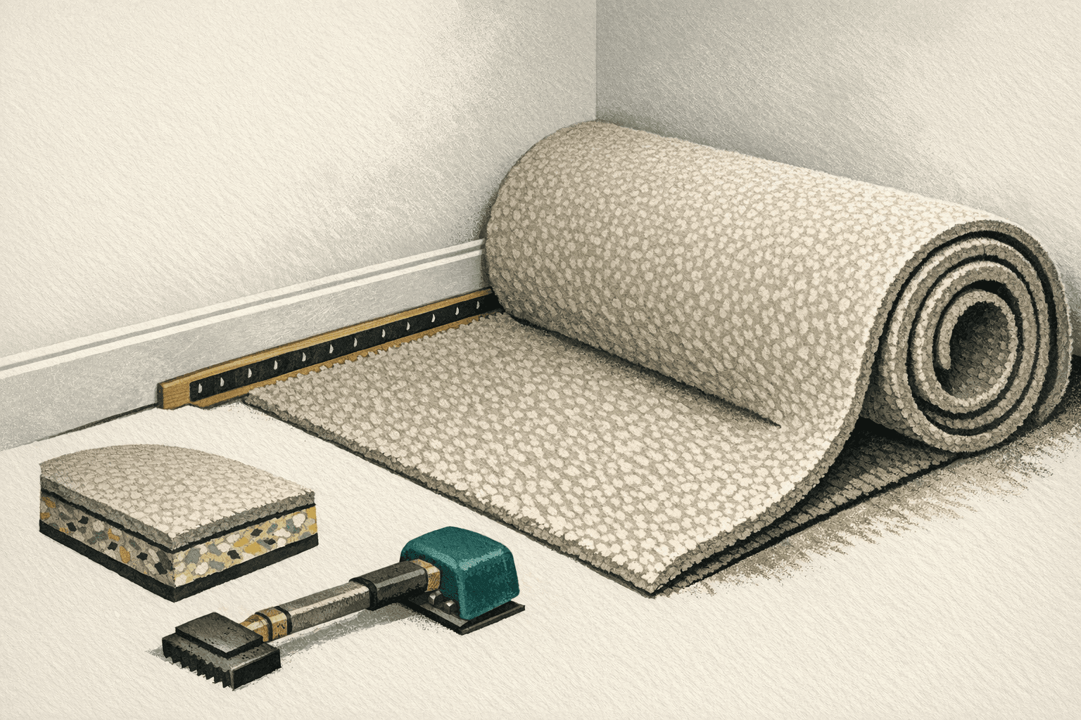 Minimal pixel-style illustration of carpet rolls with installation cost estimate tags and room layout markers.