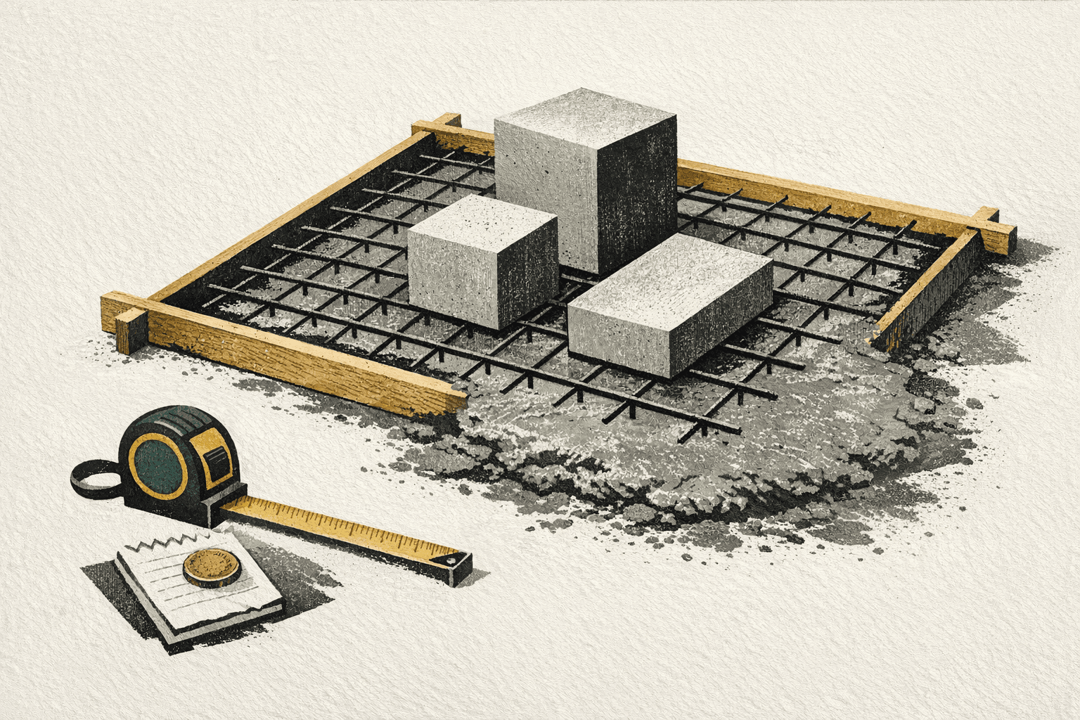 Minimal pixel-style illustration of concrete work with a slab, rebar, and cost estimate tags.