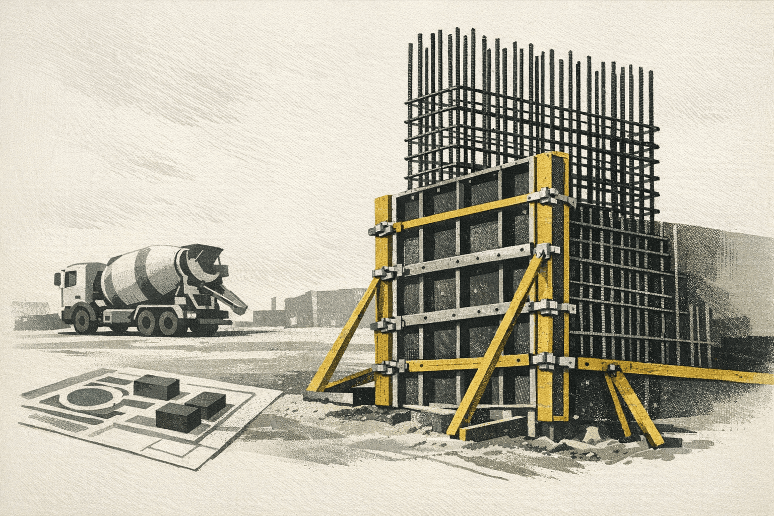 Minimal pixel-style illustration of formwork, concrete pours, and a cost planning sheet.