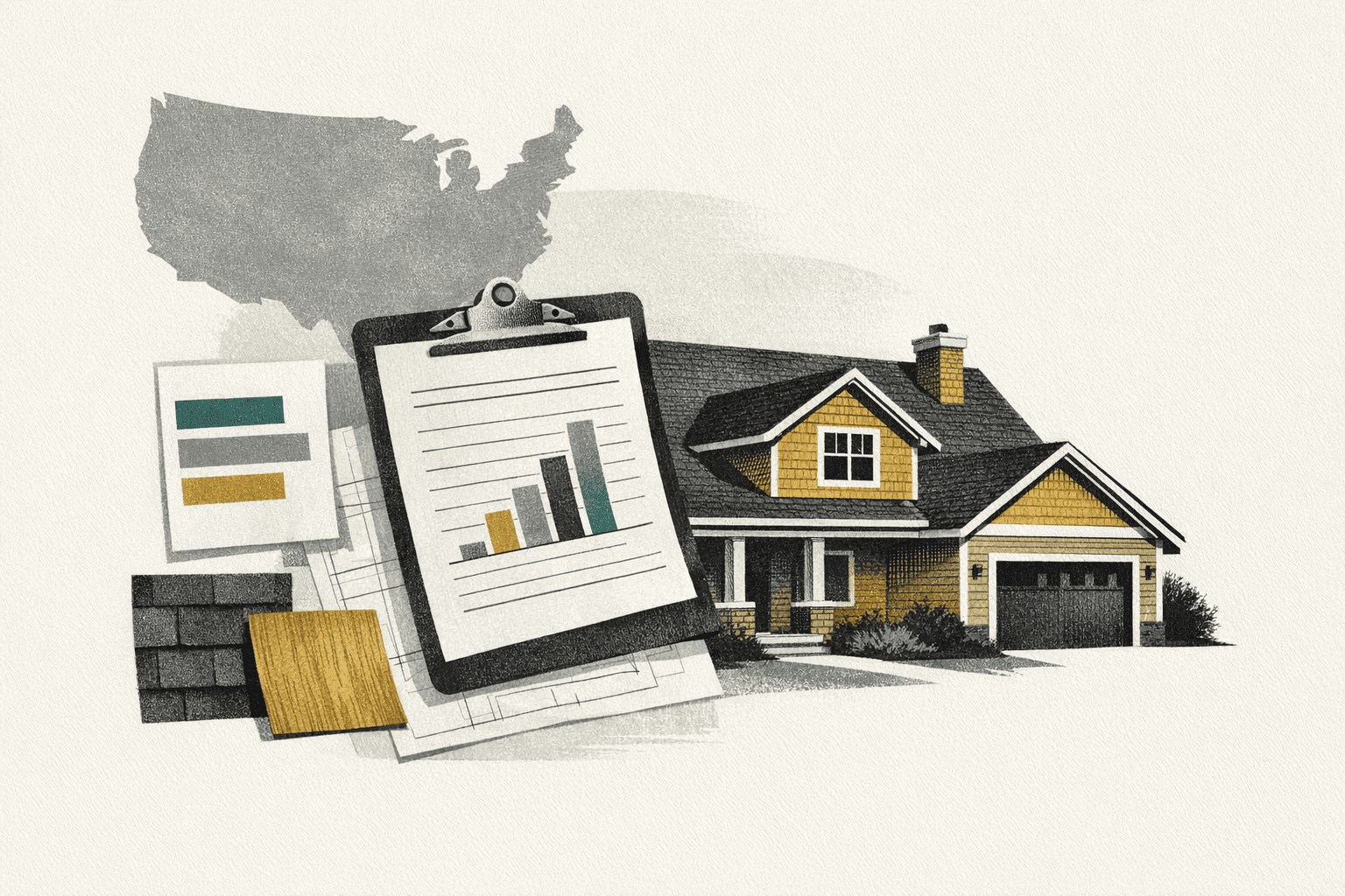 Minimal editorial illustration of a house, U.S. map motif, and ranked cost benchmark worksheet.