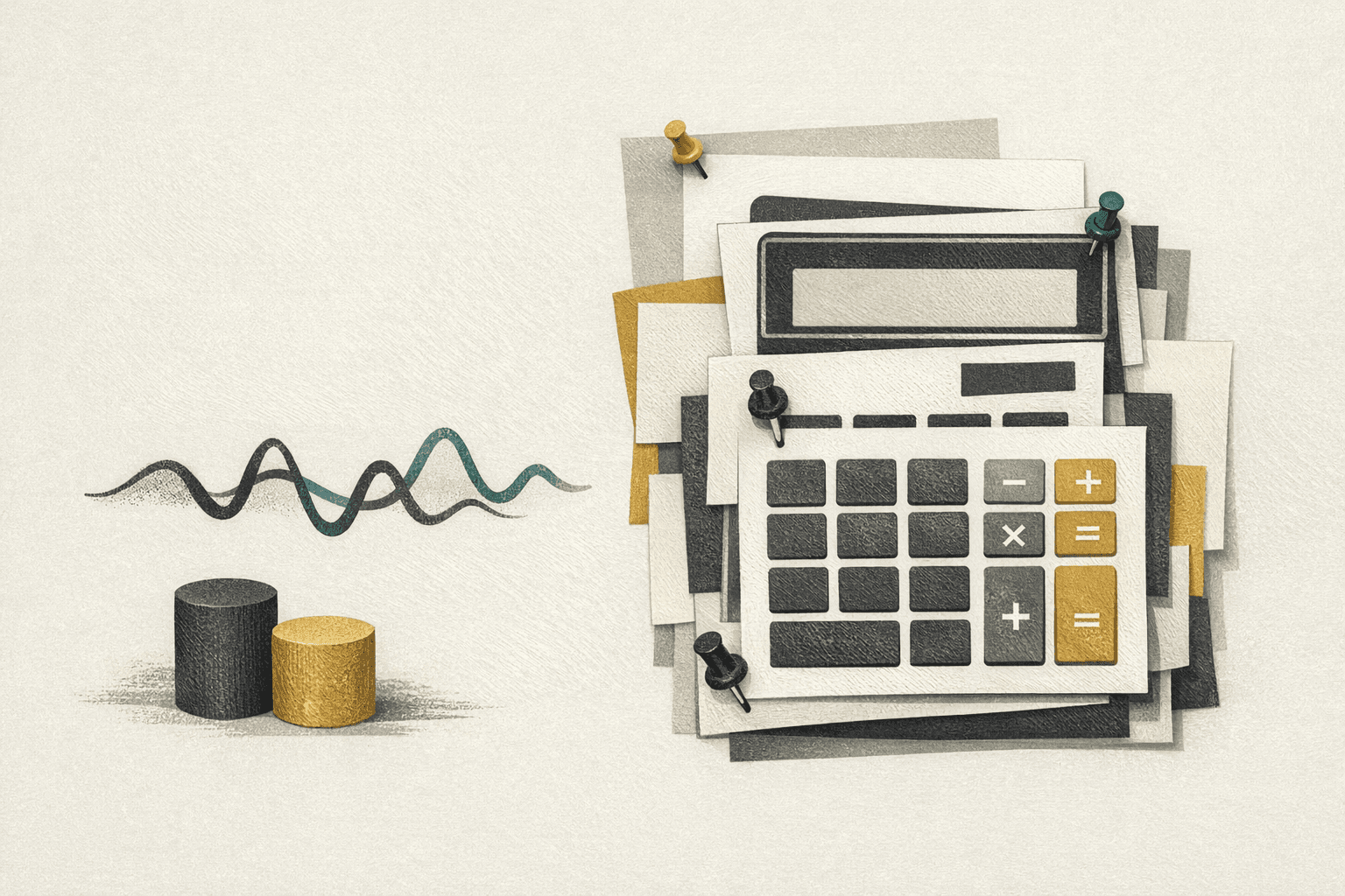 Minimal editorial illustration of stacked calculator cards, a usage-signal motif, and a restrained benchmark dashboard layout.