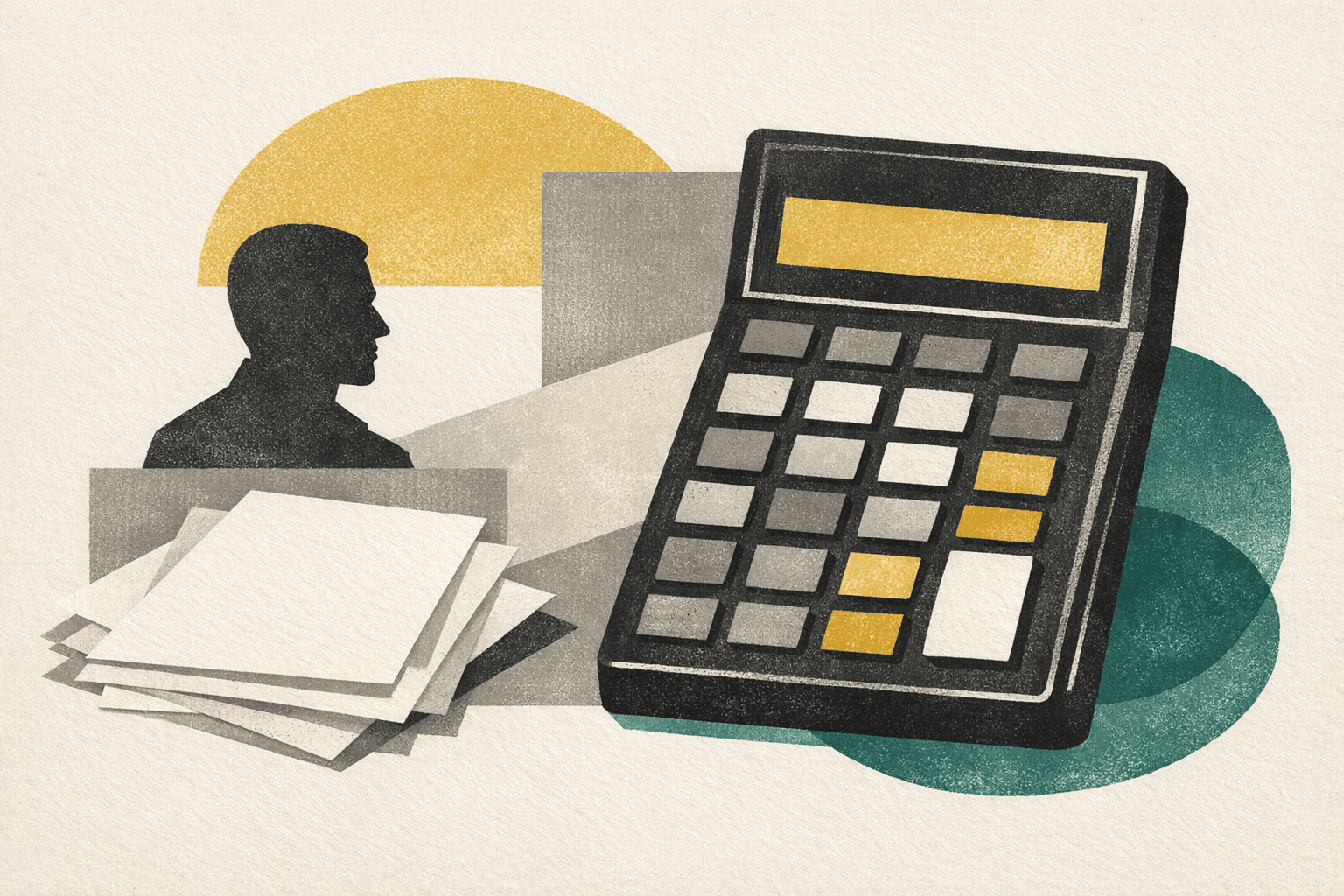 Minimal editorial illustration of a calculator worksheet, source stack, and founder portrait cue for CostFigure methodology.