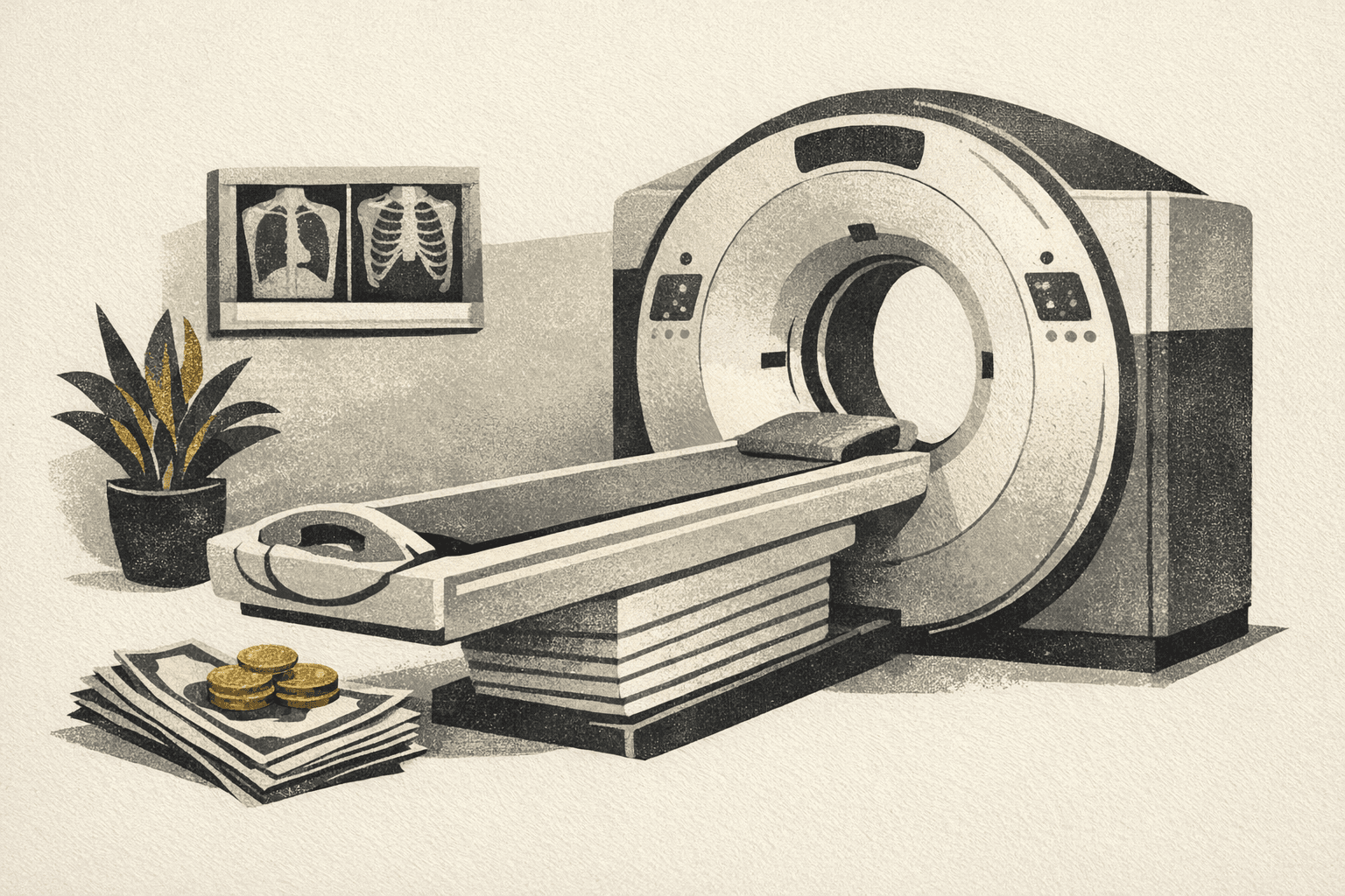 Minimal illustration of a CT scanner with cost range tags for medical imaging pricing.