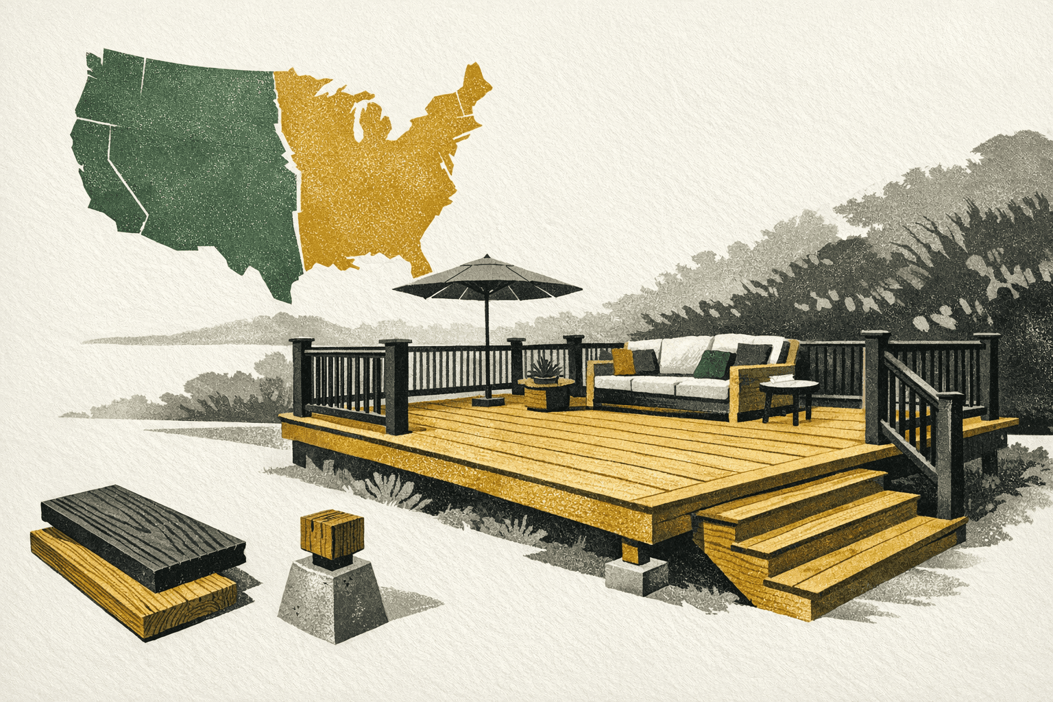 Minimal pixel-style illustration of a backyard deck scene with a U.S. map motif and deck budget markers.