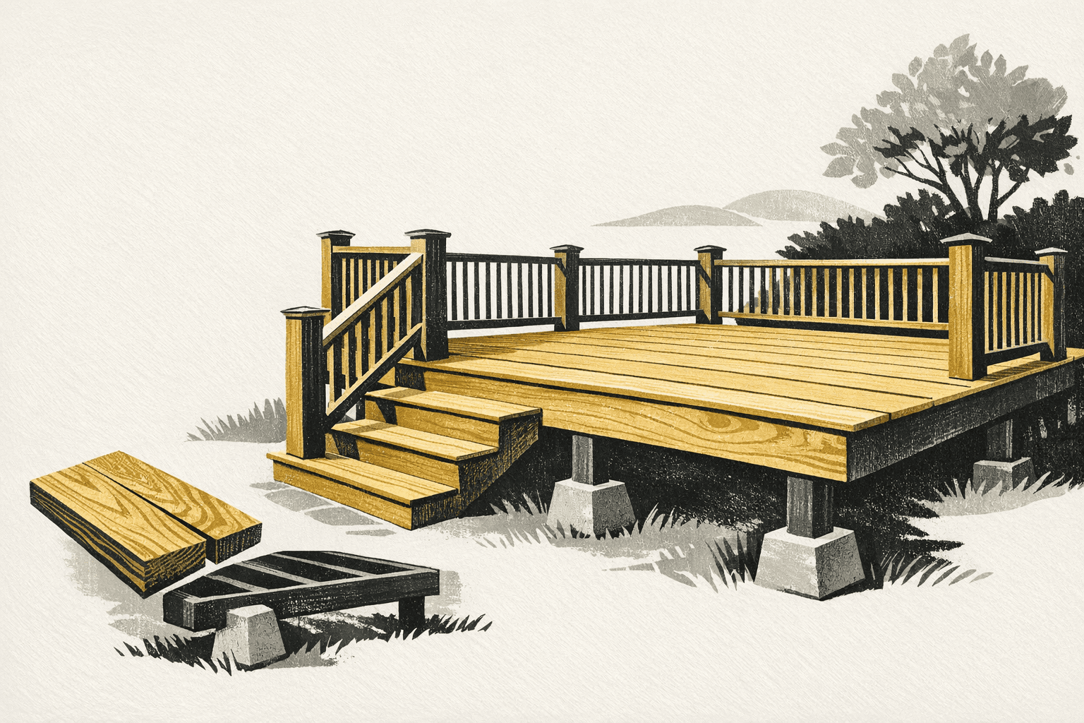 Minimal pixel-style illustration of a backyard deck with stairs, railing, and project cost markers.