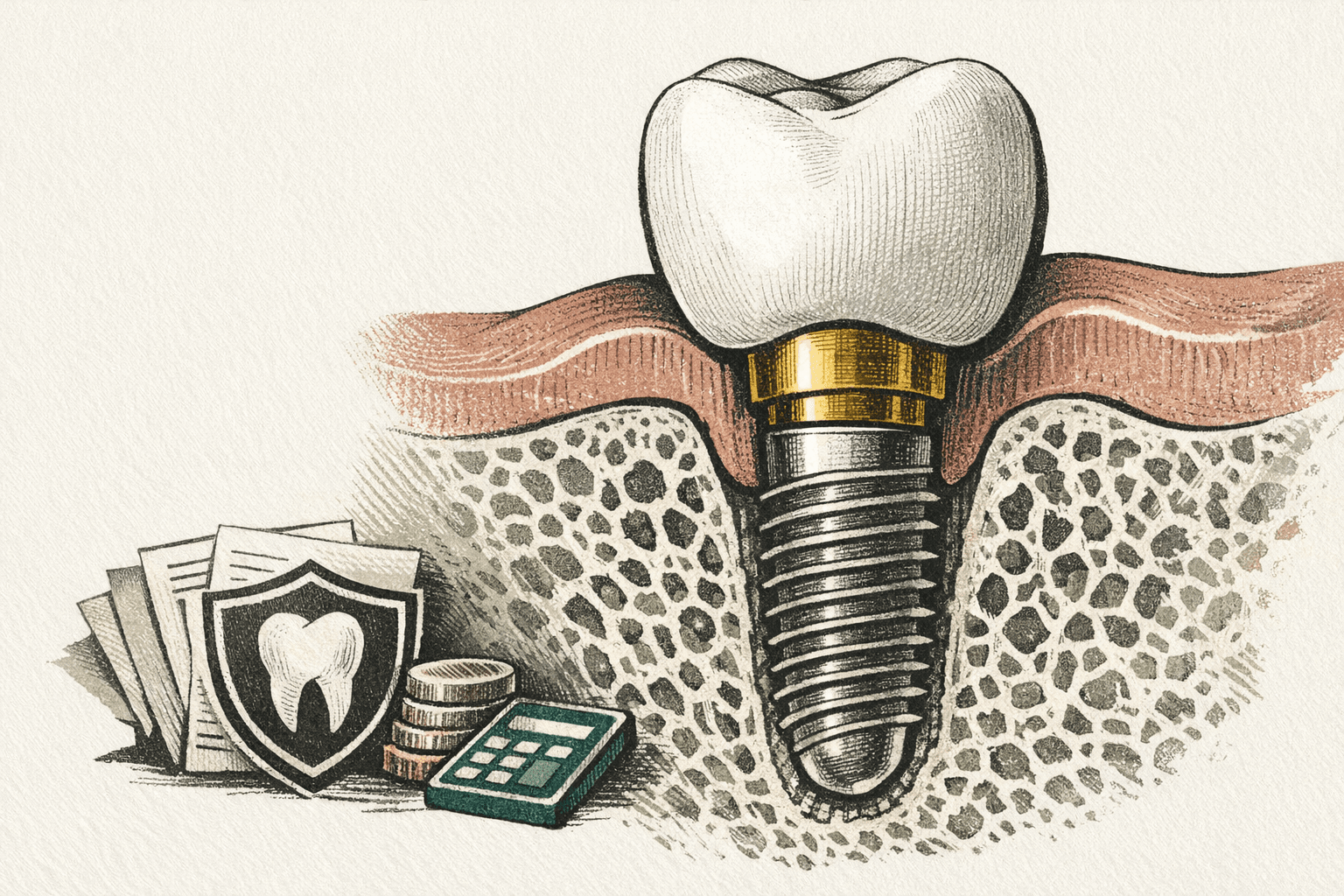 Minimal pixel-style illustration of a dental implant and treatment cost worksheet.