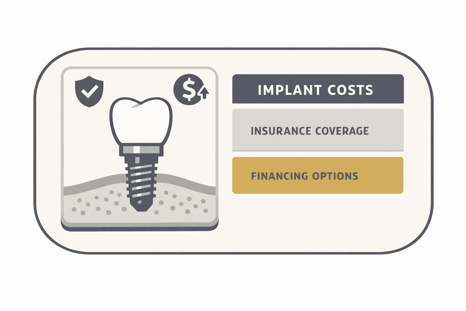 Minimal pixel-style illustration of a dental implant and treatment cost worksheet.