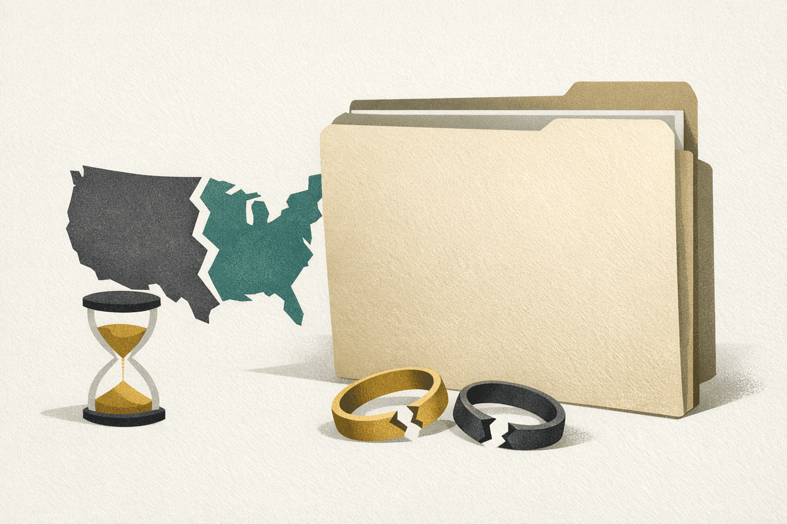 Minimal editorial illustration of a divorce filing folder, calendar cue, and U.S. map comparison motif for state-by-state cost planning.