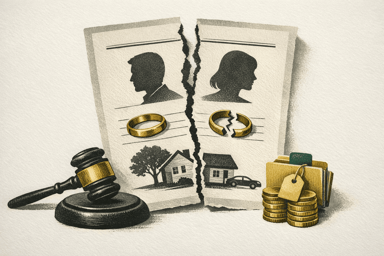 Minimal pixel-style illustration of legal documents with divorce filing fee tags and a cost breakdown worksheet.