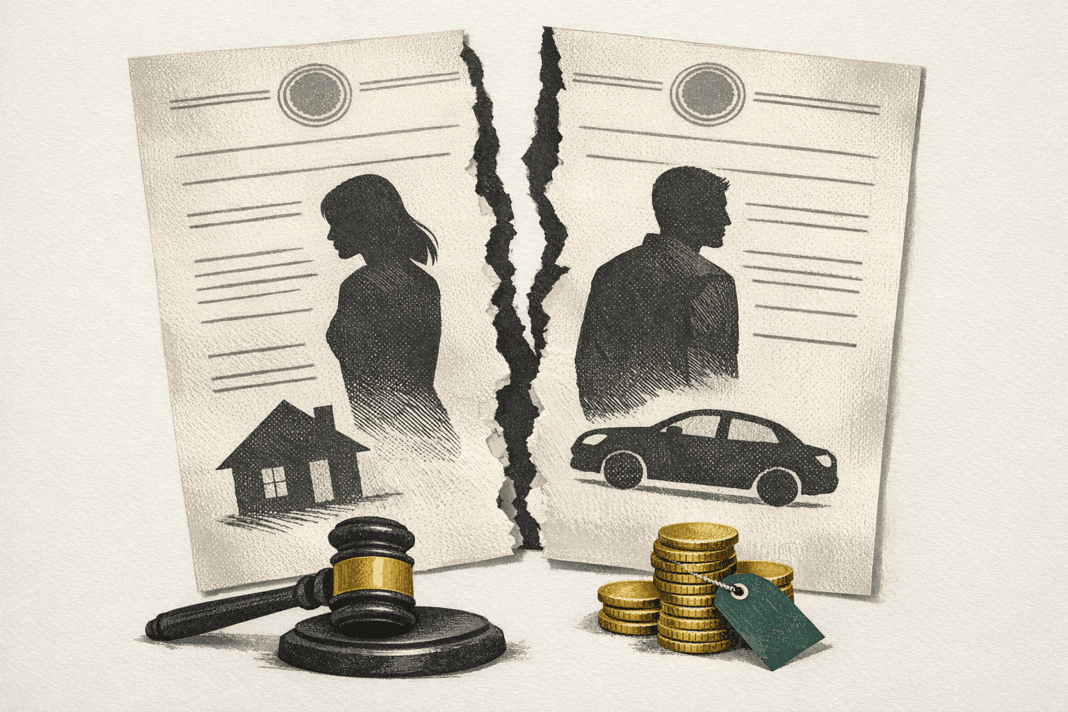 Minimal pixel-style illustration of legal documents with divorce filing fee tags and a cost breakdown worksheet.