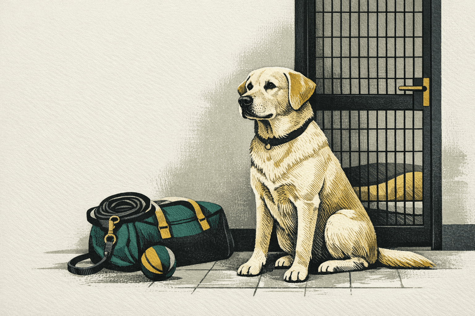 Minimal pixel-style illustration of a dog beside a boarding suite and trip cost markers.