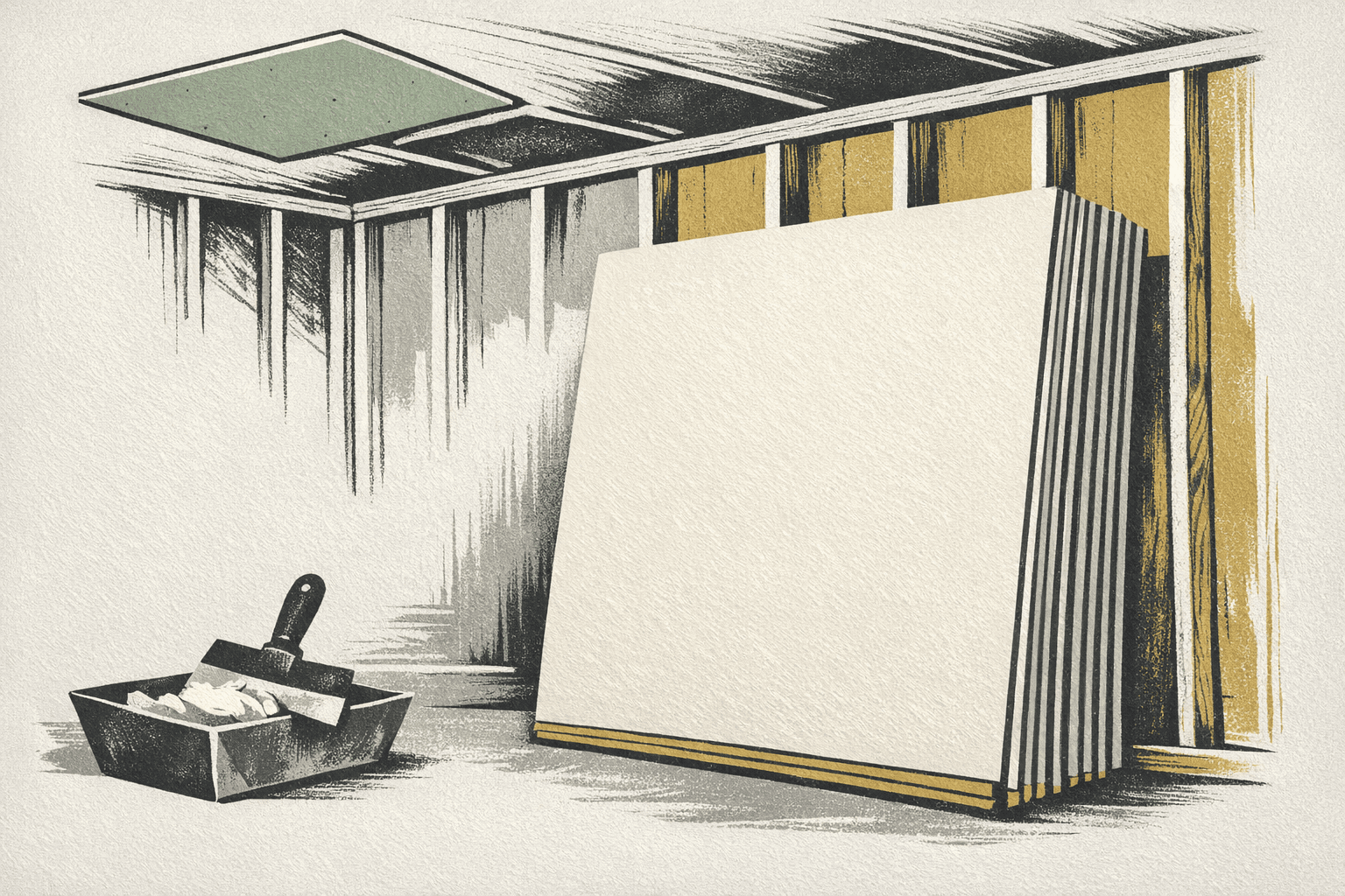 Minimal pixel-style illustration of drywall sheets, taping tools, and install cost tags inside a home renovation scene.