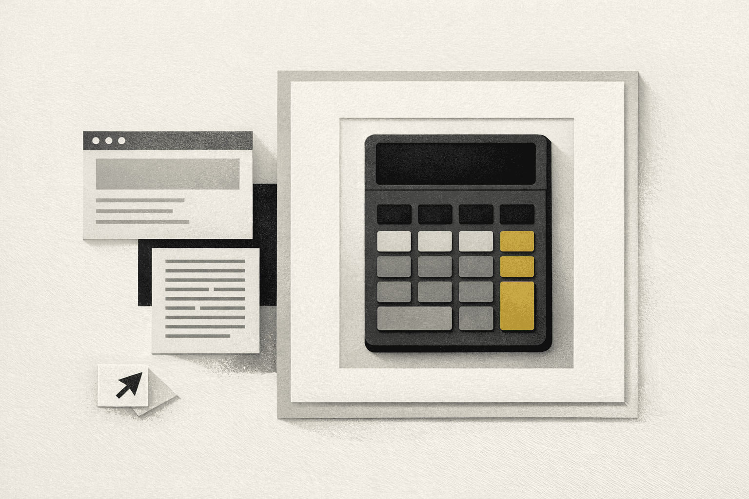 Minimal pixel-style illustration of a calculator card embedded inside a publisher layout with a small attribution cue.