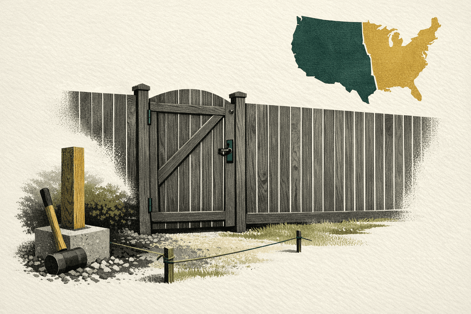 Minimal pixel-style illustration of a backyard fence line with a gate, map comparison motif, and regional cost markers.