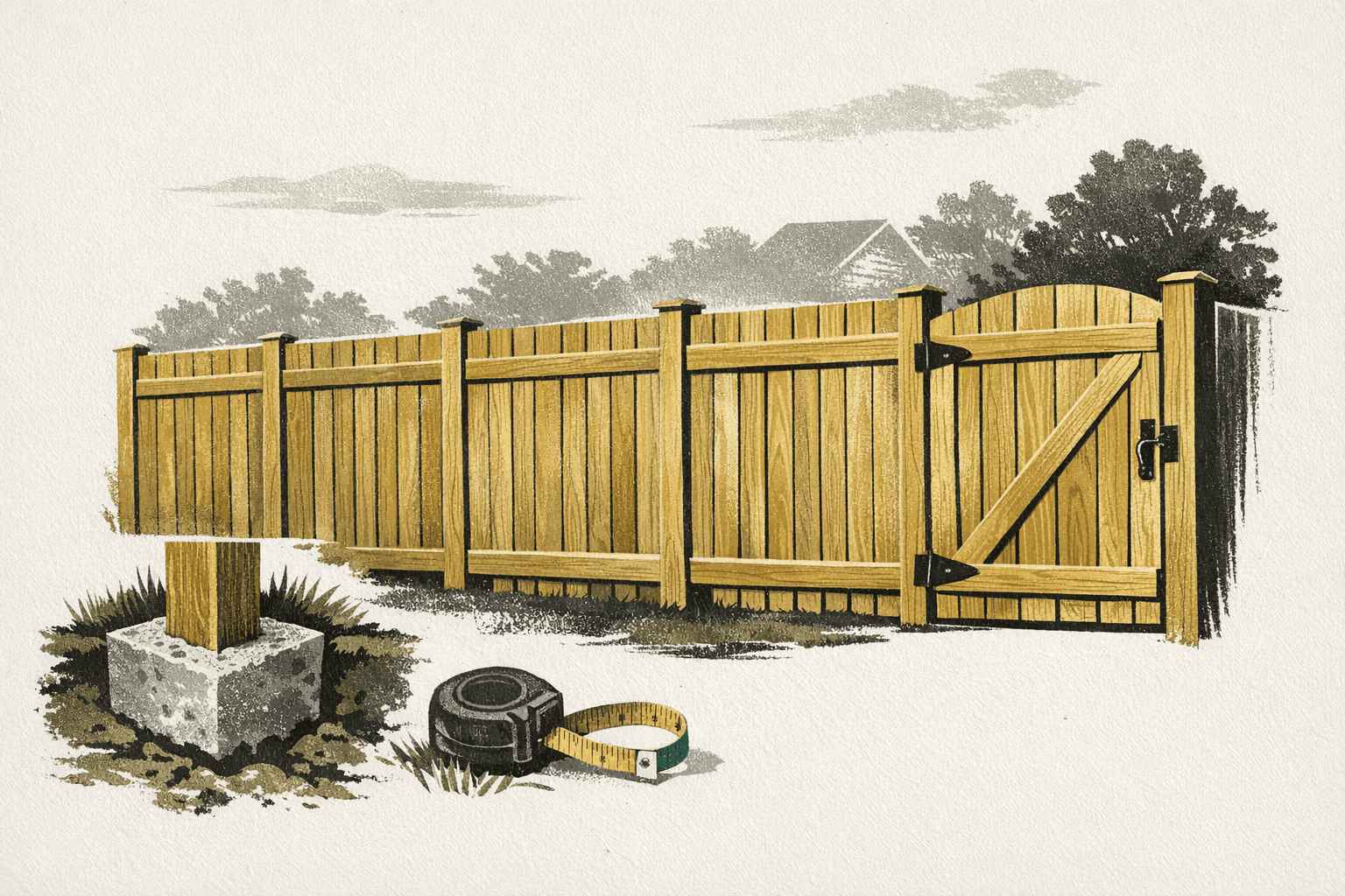 Minimal pixel-style illustration of a backyard fence line with gate and project cost markers.