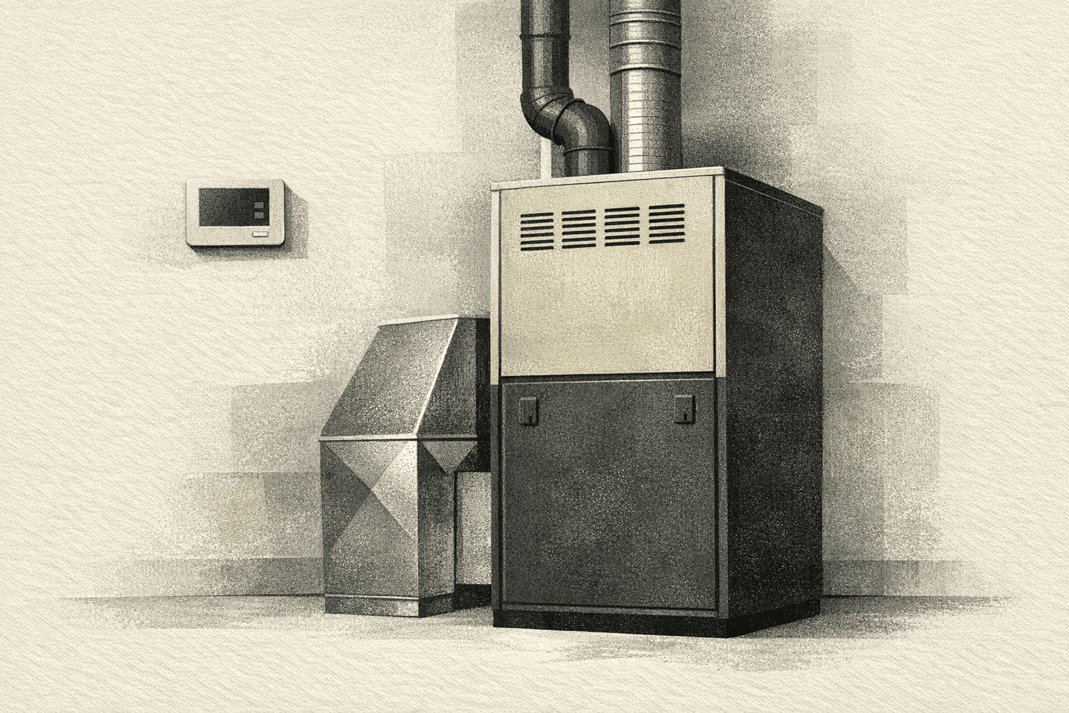 Minimal pixel-style illustration of a residential furnace with venting parts and installation cost markers.