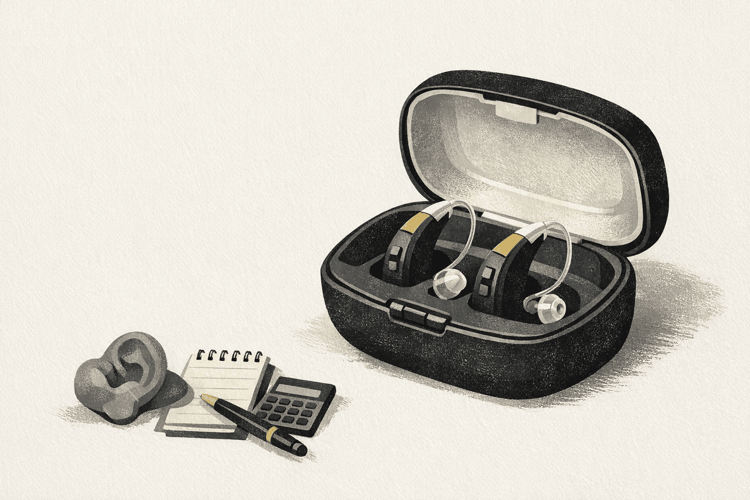 Minimal editorial illustration of hearing aids with a fitting case and cost planning markers.