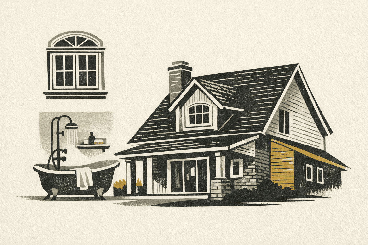 Minimal pixel-style illustration of home-improvement tools and a cost worksheet.