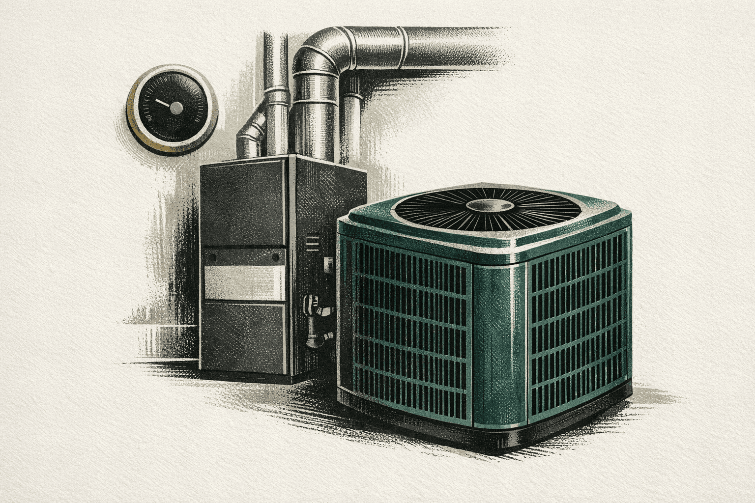 Minimal pixel-style illustration of HVAC equipment and a cost worksheet for heating and cooling projects.
