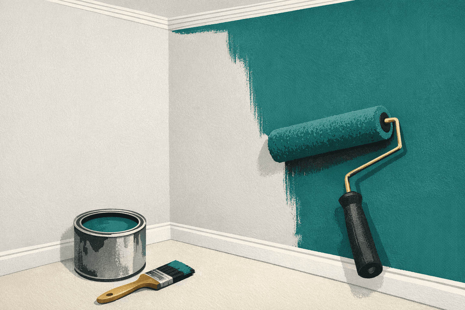 Minimal pixel-style illustration of an interior room wall with paint roller, trim brush, and repaint cost markers.